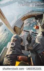 POV  Helicopter Ride Over Miami Beach Florida During Sunset