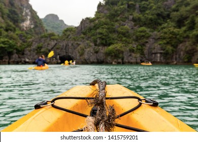 POV Kayak Between Limestone Karsts In Lan Ha Bay, Vietnam

