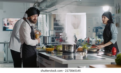 POV Of Male Chef Recording Cooking Show On Television Program, Using Camera To Film Gastronomy Video For Culinary Content. Vlogging Delicious Meal Preparations On Professional Cuisine TV.