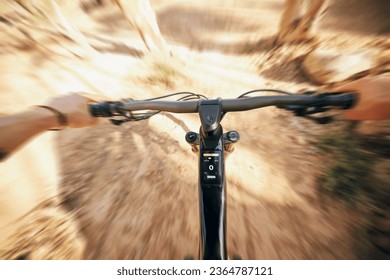 POV, mountain bike and cycling, man with speed for sports and training in fast adventure. Professional dirt race action, off road bicycle handlebars at competition or performance challenge in woods. - Shutterstock ID 2364787121