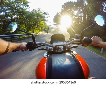 POV, Original Point Of View. Speed On Fontal View In Motorbike.