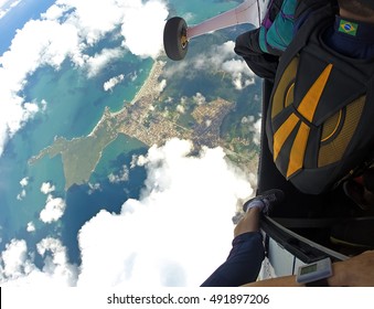 POV Of The Parachutist Hanging In The Plane Door - Ubatuba - Brazil