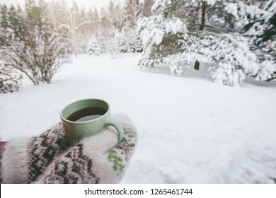 POV photo of mug with hot tea in human hand in mittens over snowy forest some winter morning - Powered by Shutterstock