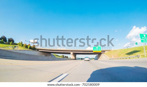 POV point of view - Driving East on Interstate\
Highway 70 in St. Louis.