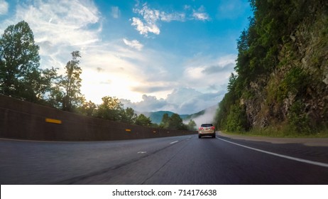 POV point of view - Driving West on Interstate Highway 40 through Appalachian Mountains.