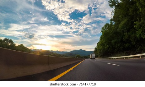 POV point of view - Driving West on Interstate Highway 40 through Appalachian Mountains.