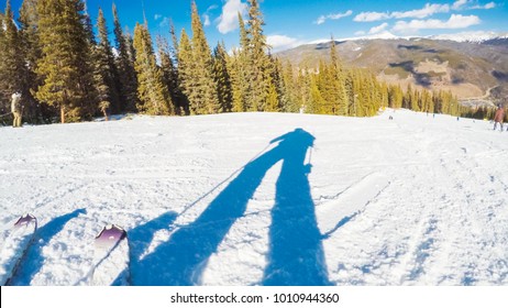 POV Point Of View. Skiing Colorado Rokies In Early Ski Season.