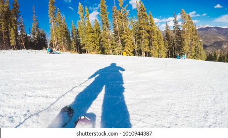 POV Point Of View. Skiing Colorado Rokies In Early Ski Season.