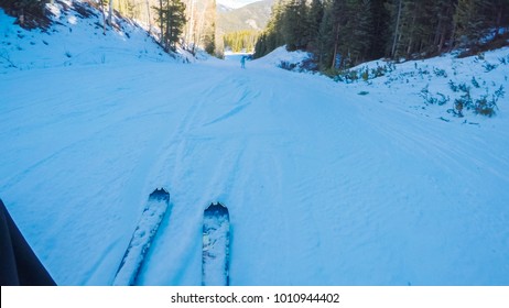 POV Point Of View. Skiing Colorado Rokies In Early Ski Season.