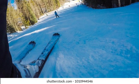 POV Point Of View. Skiing Colorado Rokies In Early Ski Season.