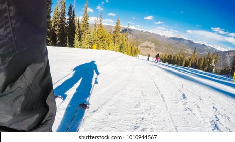 POV Point Of View. Skiing Colorado Rokies In Early Ski Season.