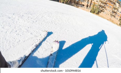 POV Point Of View. Skiing Colorado Rokies In Early Ski Season.