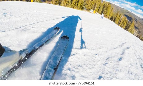 POV Point Of View. Skiing Colorado Rokies In Early Ski Season.