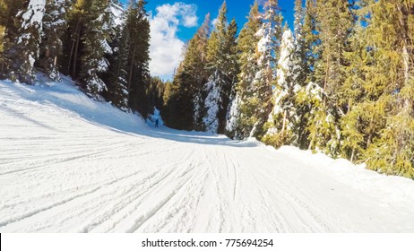 POV Point Of View. Skiing Colorado Rokies In Early Ski Season.