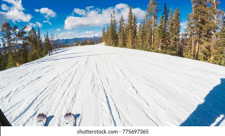 POV Point Of View. Skiing Colorado Rokies In Early Ski Season.