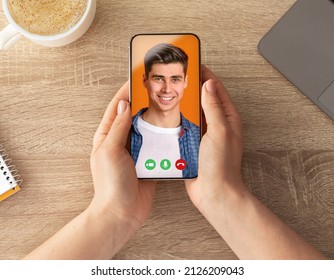 POV Shot Of Woman Using Smartphone To Video Chat With Handsome Young Guy, Unrecognizable Lady Calling Her Boyfriend On Internet, Having Online Virtual Meeting, Top View, Creative Collage