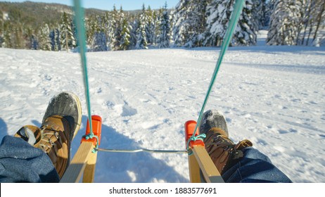 POV: Sledding Down A Snowy Meadow In The Sunny Mountains Of Kranjska Gora. First Person Shot Of Sleighing Down The Slopes Of Ski Resort During Covid19 Outbreak. Exciting Bumpy Sled Ride On Perfect Day