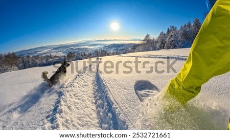 Similar – Image, Stock Photo Unrecognizable Snowboarder in action enjoying vacation on snowy mountain in Zermatt under blue sky