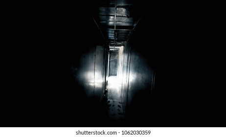 POV Trying To Escape From A Dark Room, Going Towards The Light. Horror Halloween Scary Handheld Shot.