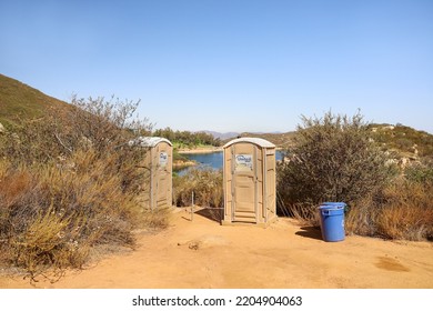 Poway, CA USA - June 11, 2022: Two Portable Toilets (porta Potty) Along The Lake Poway Loop Trail.