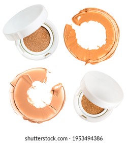 Powder cushion with smeared sample in the shape of a circle, Cosmetic face powder isolated on white background