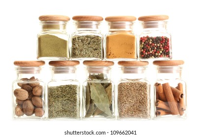 Powder Spices In Glass Jars  Isolated On White