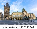 Powder tower (Prasna Brana) and Municipal House (Obecni Dum) on Republic square, Prague, Czech Republic