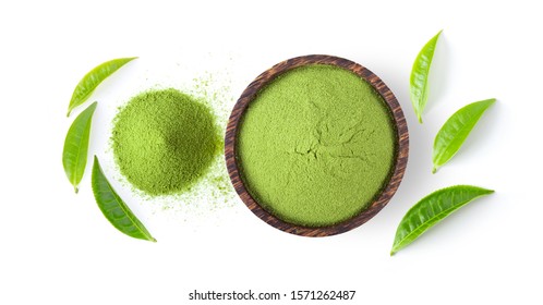 Powdered Matcha Green Tea In Bowl And Leaf Isolated On White Background. Top View