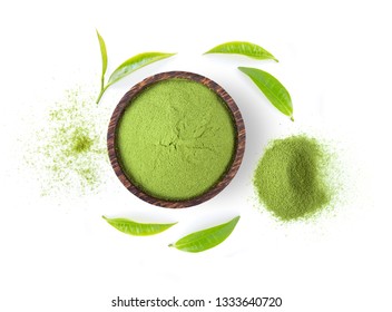 Powdered Matcha Green Tea And Leaf In Bowl Isolated On White Background. Top View