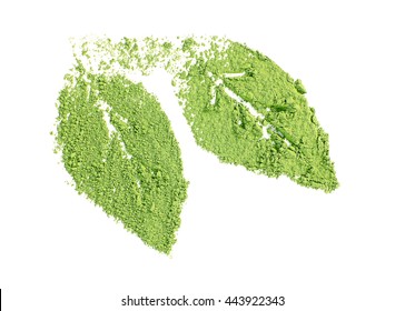 Powdered Matcha Green Tea In Leaves Shape, Isolated On White