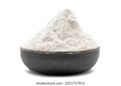 Powdered sugar isolated on white background. Powdered sugar or icing sugar in bowl