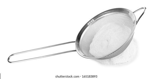 Powdered Sugar In Metal Sieve Isolated On White