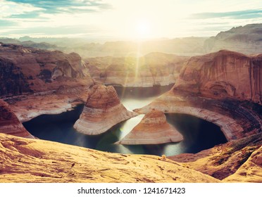 Powell lake at sunruse. Beautiful Utah landscapes in USA.