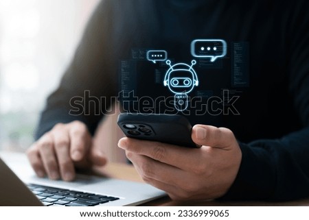 power of AI enhance your business communication. businessman using Smartphone to connect with AI chatbot, providing intelligent answers to complex questions. Embrace the future of problem solving.