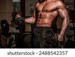 Power athletic man in training pumping up muscles with dumbbell. Strong bodybuilder with perfect biceps curl, triceps and chest. Man lifting dumbbell in a gym making exercise for muscles, dumbbells.