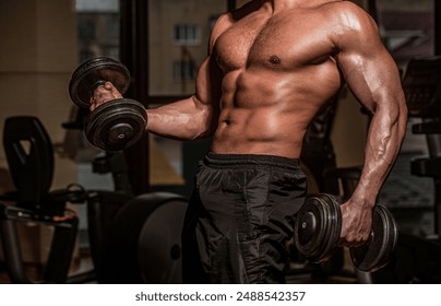 Power athletic man in training pumping up muscles with dumbbell. Strong bodybuilder with perfect biceps curl, triceps and chest. Man lifting dumbbell in a gym making exercise for muscles, dumbbells.