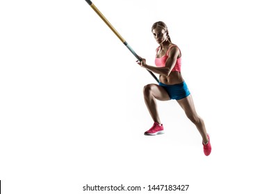 Power And Beauty And Purity. Professional Female Pole Vaulter Training On White Studio Background. Fit And Slim Female Model Practicing. Concept Of Sport, Healthy Lifestyle, Action, Movement, Motion.