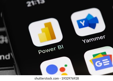 Power BI Mobile App Icon On Screen Smartphone, IPhone. Power BI Is Microsoft's Comprehensive Business Intelligence Software. Moscow, Russia - February 16, 2021