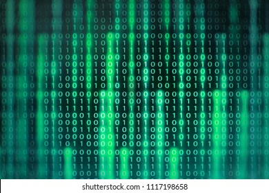 power of big data. binary code information bit on computer monitor screen display. green light text number one and zero. blur defocus blue bokeh light. technology graphic design background concepts