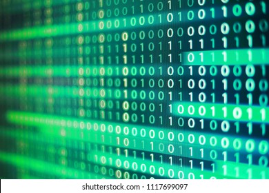 power of big data. binary code information bit on computer monitor screen display. green light text number one and zero. blur defocus blue bokeh light. technology graphic design background concepts