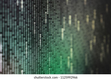 power of big data. binary code information bit on computer monitor screen display. green light text number one and zero. blur focused blue bokeh light. technology graphic design background concepts