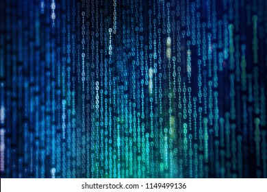 power of big data. binary code information bit on computer monitor screen display. Led light text number one and zero. blur defocus blue bokeh light. technology graphic design background concepts