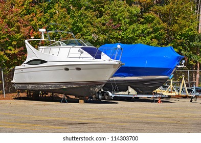 Power Boat With Blue Shrink Wrap