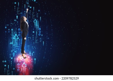 Power And Business Success Concept With Superwoman Taking Off In Rocket Made By Digital Arrows On Abstract Dark Blank Background With Place For Your Logo Or Poster, Mock Up