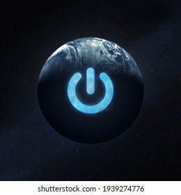 Power button on Earth planet in outer space. Elements of this image furnished by NASA.