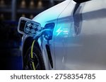 Power cable pump plug in charging power to electric vehicle EV car.