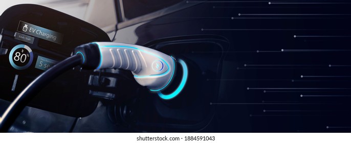 Power cable pump plug in charging power to electric vehicle EV car with modern technology UI control information display, car fueling station connected power cable alternative sustainable eco energy - Powered by Shutterstock