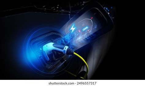 Power cable pump plug in charging power to electric vehicle EV car. - Powered by Shutterstock