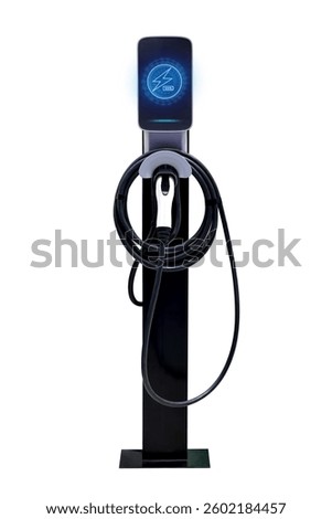 Power cable pump plug in charging power to electric vehicle EV car for use at home. Isolated on white background