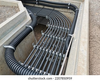 Power cables and instrument cables in cable trench for substa. High voltage electricity Cables Installation Trenches Electrical new high voltage power lines cable trench been installed in underground.